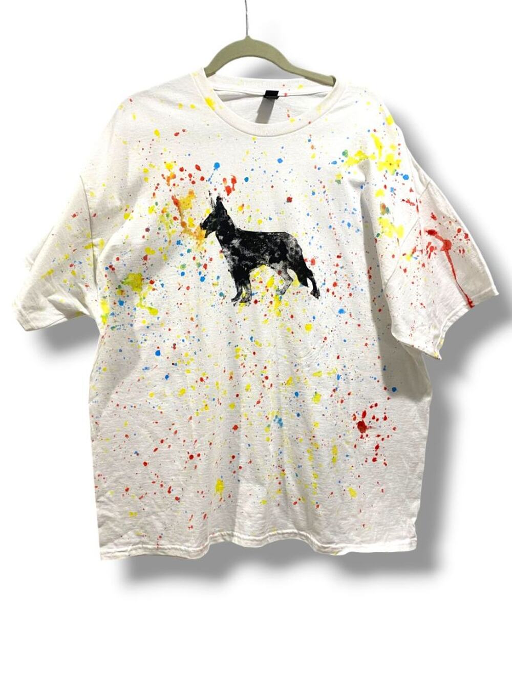 Size 2XL Paint Splatter Dog Print Adult Tshirt White Short Sleeve Gildan Heavy